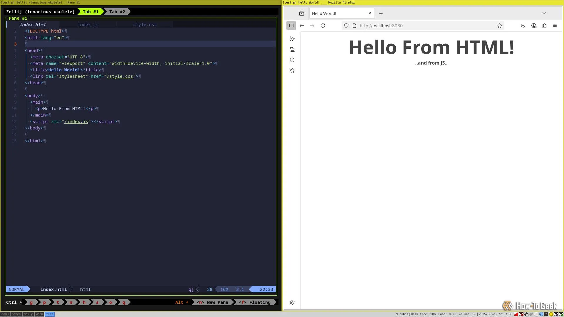 Trình duyệt hiển thị trang web &quot;Hello World&quot; từ mã HTML, CSS và JS cục bộ