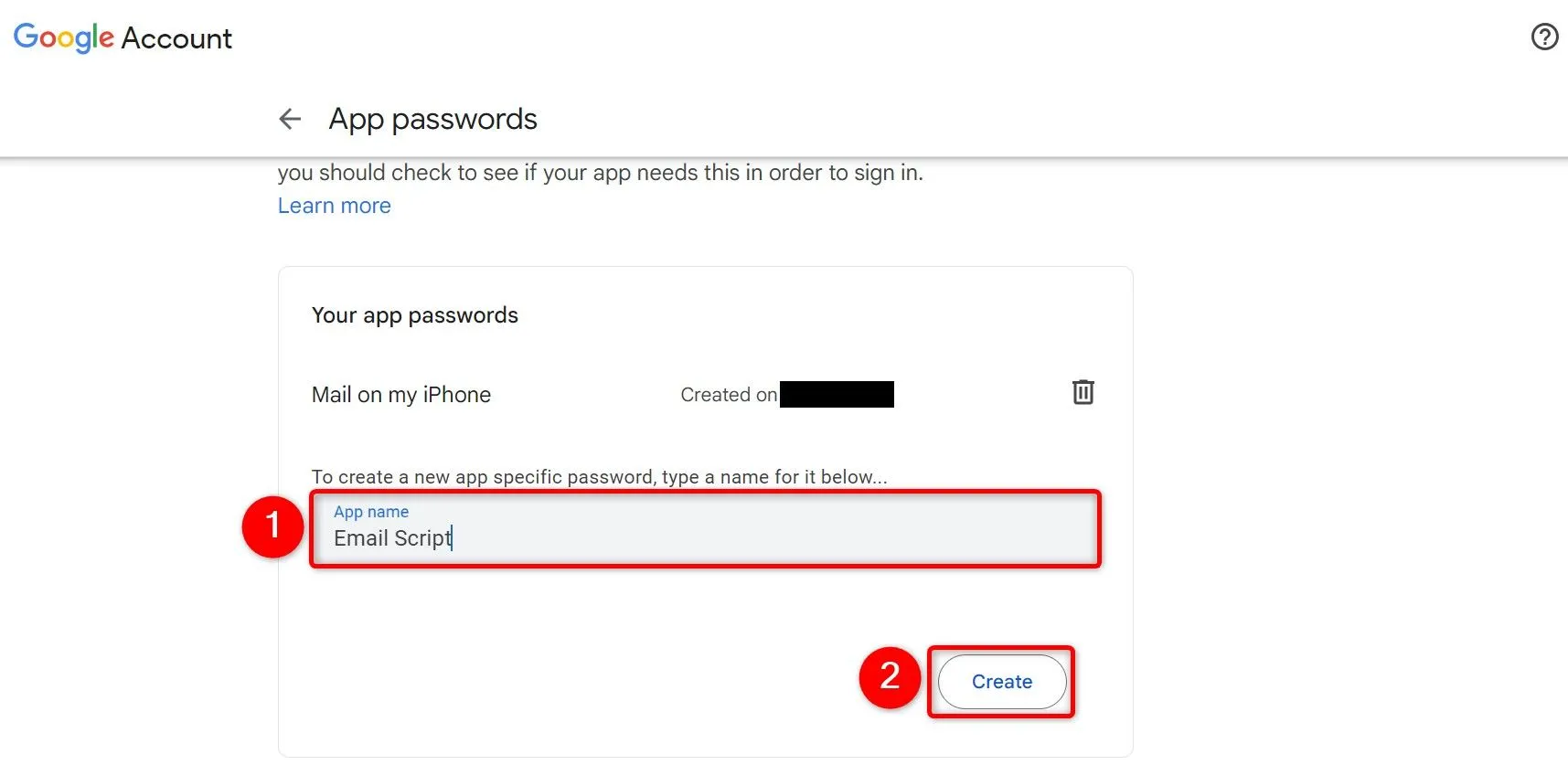Trường &quot;App Name&quot; được điền tên và nút &quot;Create&quot; được nhấn để tạo mật khẩu ứng dụng mới
