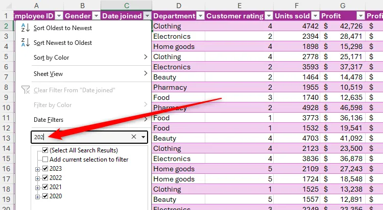 Trường tìm kiếm trong bộ lọc của bảng Excel chứa truy vấn tìm kiếm &quot;202&quot;