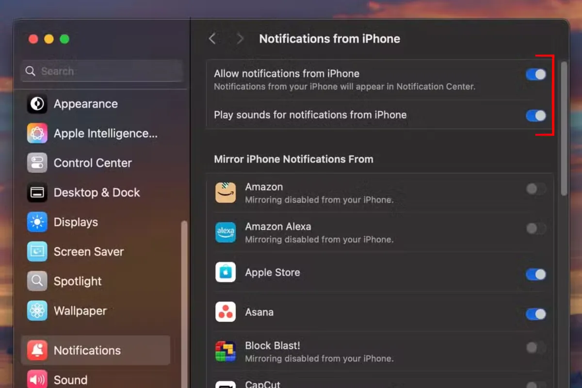 Tùy chọn &quot;Cho phép thông báo từ iPhone&quot; trong cài đặt Thông báo trên macOS Sequoia.