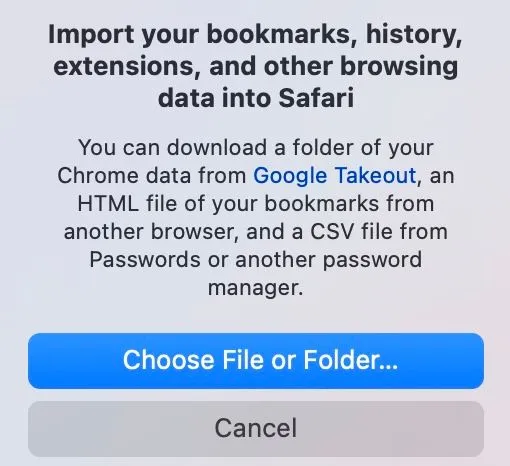 Tùy chọn Chọn Tệp hoặc Thư Mục trong công cụ xuất Safari trên máy Mac