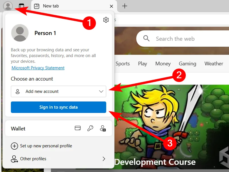 Tùy chọn &quot;Đăng nhập để đồng bộ hóa dữ liệu&quot; trong menu hồ sơ của Microsoft Edge