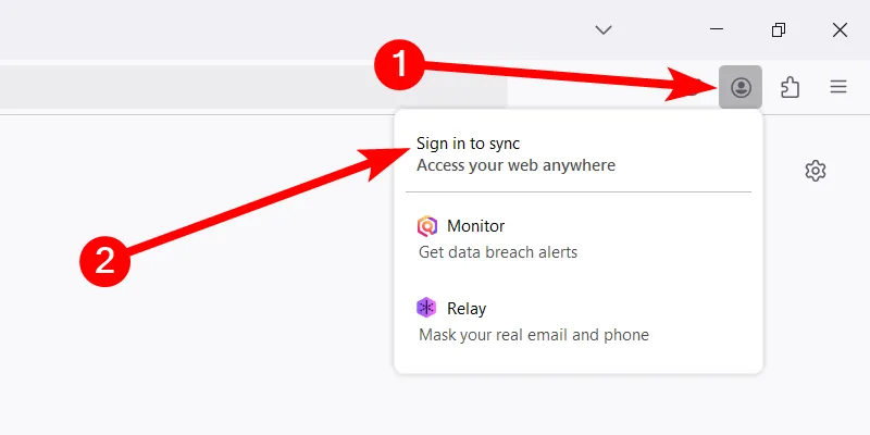 Tùy chọn &quot;Đăng nhập để đồng bộ hóa&quot; trong menu hồ sơ của trình duyệt Mozilla Firefox