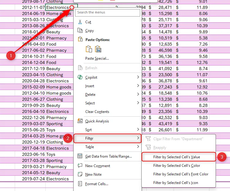 Tùy chọn Filter By Selected Cell's Value được chọn trong Excel