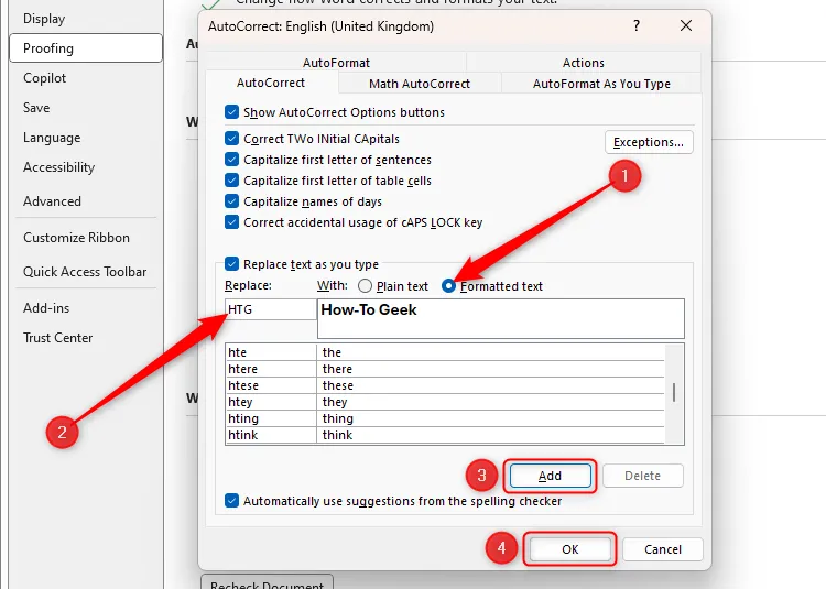 Tùy chọn &quot;Formatted Text&quot; (Văn bản có định dạng) được chọn trong hộp thoại AutoCorrect của Word, cho phép lưu và chèn văn bản đã định dạng sẵn như &quot;How-To Geek&quot; in đậm.