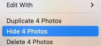 Tùy chọn Hide trong menu ngữ cảnh để ẩn các ảnh đã chọn trong ứng dụng Photos của Mac.