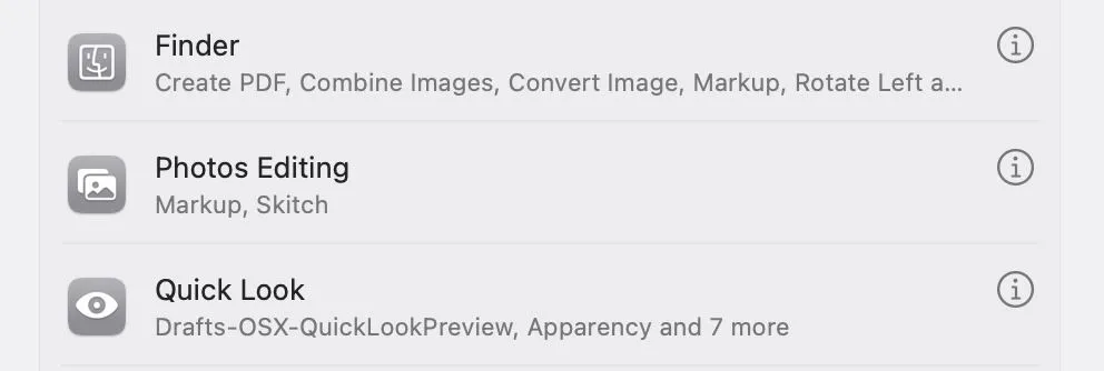 Tùy chọn &quot;Photos Editing&quot; trong mục Extensions của Cài đặt Hệ thống macOS để quản lý plugin.