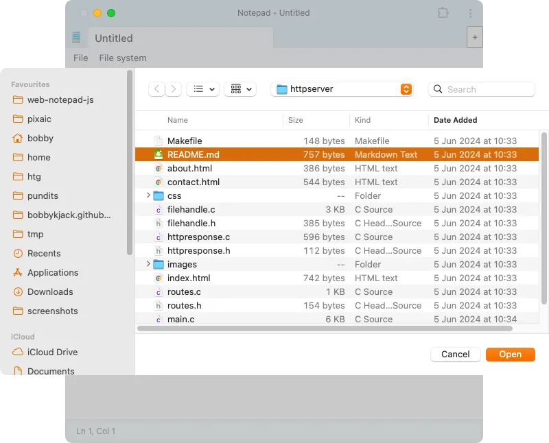 Ứng dụng web NotepadJs hiển thị hộp thoại mở tệp tin gốc trên hệ điều hành macOS, minh họa khả năng truy cập hệ thống tệp