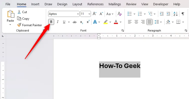 Văn bản &quot;How-To Geek&quot; được in đậm trong tài liệu Microsoft Word, minh họa cách chuẩn bị văn bản có định dạng trước khi thêm vào tính năng AutoCorrect.