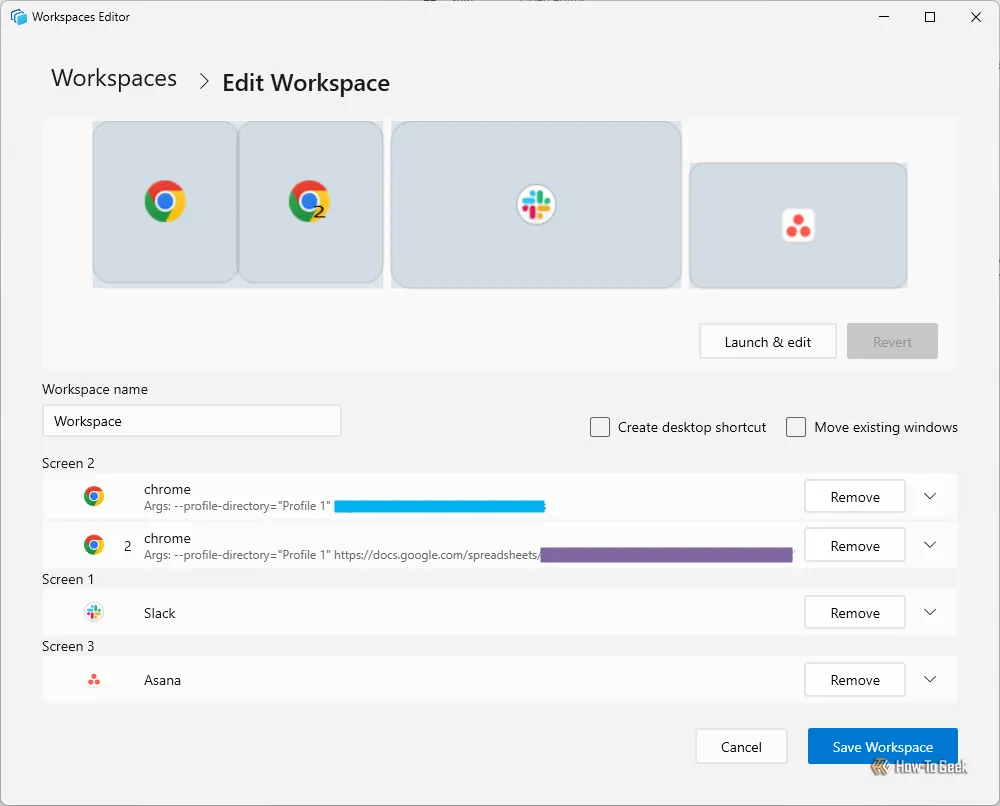 Ví dụ về một cấu hình Workspace cá nhân với nhiều ứng dụng và trang web được mở sẵn.