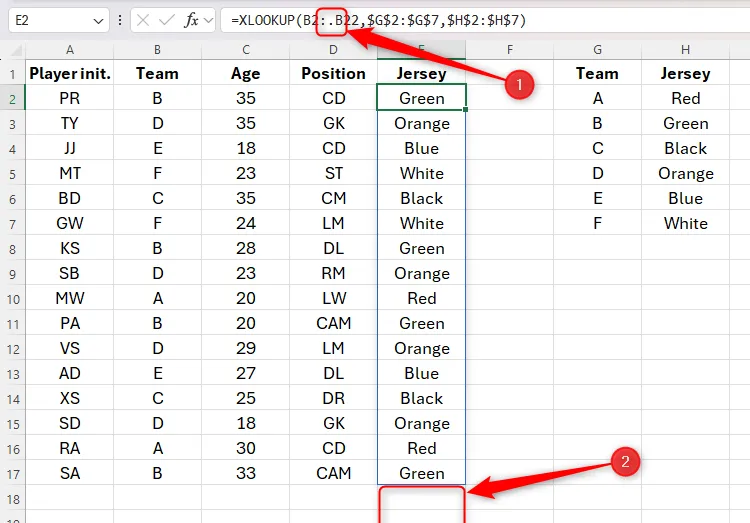 Ví dụ về việc sử dụng toán tử Trim Ref sau dấu hai chấm trong công thức Excel để cắt gọn các hàng trống thừa.