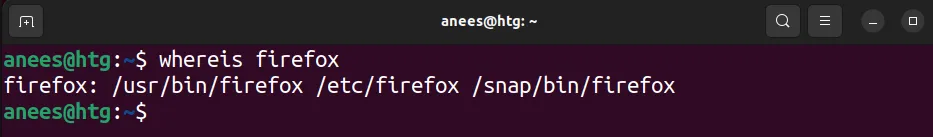 Vị trí file thực thi Firefox và man page được tìm thấy bằng lệnh whereis