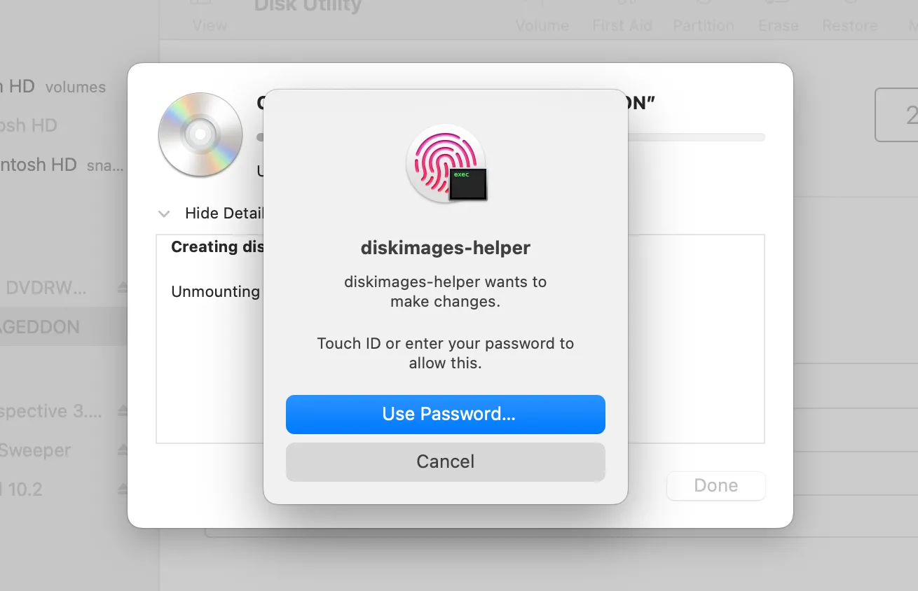 Yêu cầu cấp quyền cho Disk Utility để tạo ảnh đĩa trên Mac