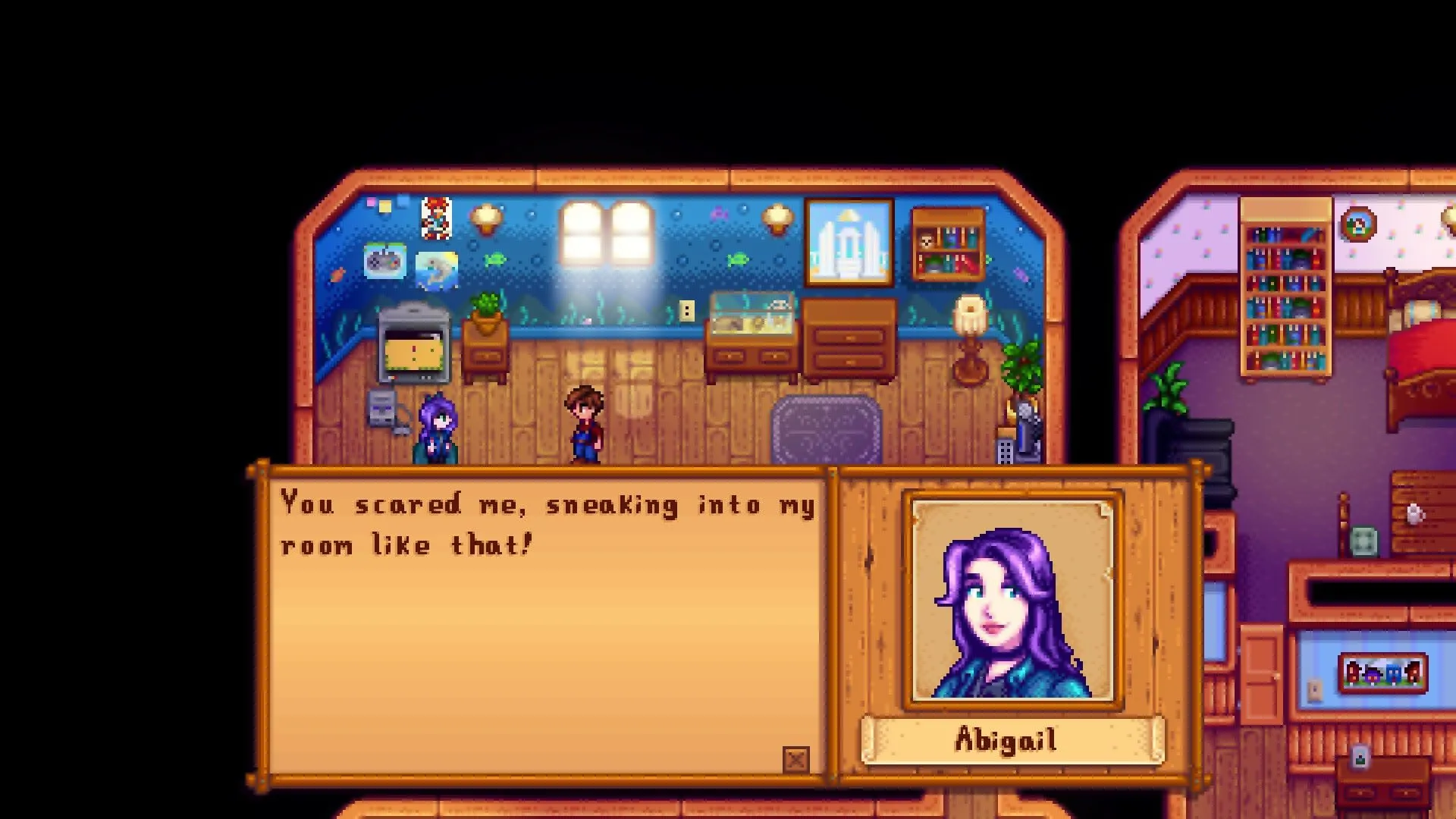 Abigail trò chuyện với người chơi trong Stardew Valley, minh họa tương tác nhân vật và yếu tố lãng mạn trong game nông trại.