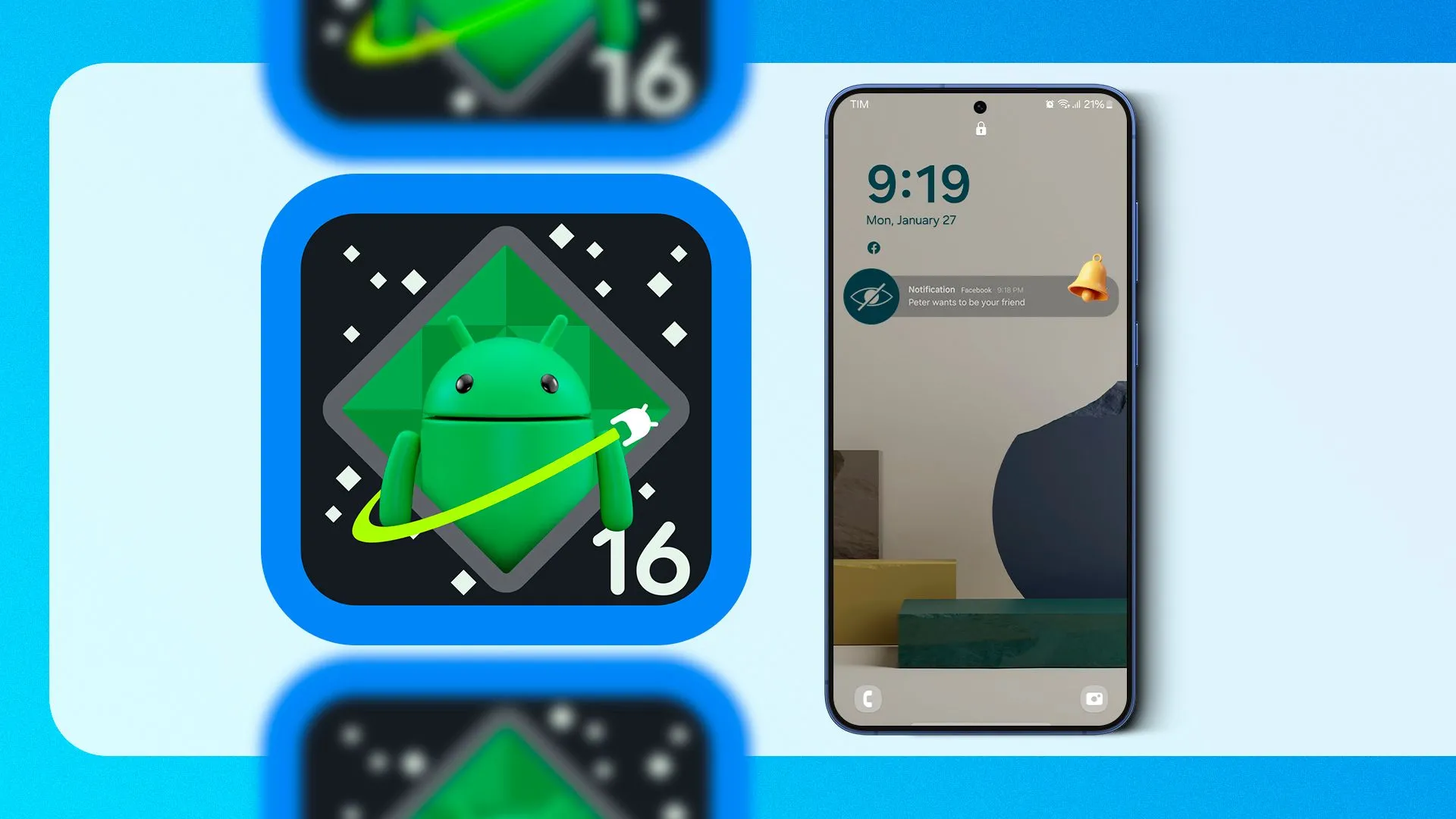 Biểu tượng Android 16 với linh vật và một smartphone, thể hiện các cải tiến và tính năng mới của hệ điều hành