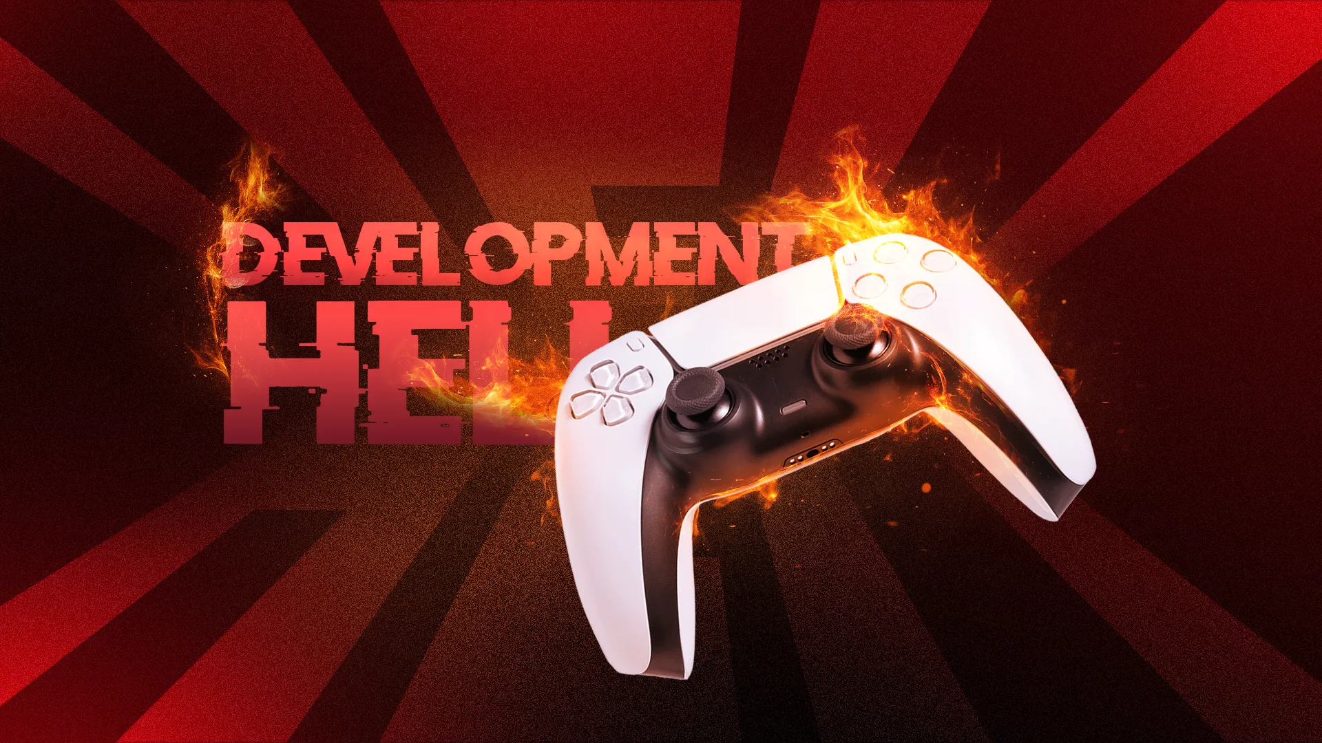 Bộ điều khiển game bốc cháy tượng trưng cho 'địa ngục phát triển' (development hell) trong ngành game, điển hình như Cyberpunk 2077.