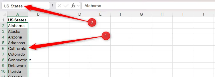 Cách đặt tên vùng dữ liệu &quot;US_States&quot; cho danh sách các bang của Mỹ trực tiếp trong hộp Tên Excel