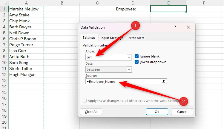 Cấu hình Data Validation trong Excel để tạo danh sách thả xuống động bằng cách sử dụng tên vùng &quot;Employee_Names&quot;