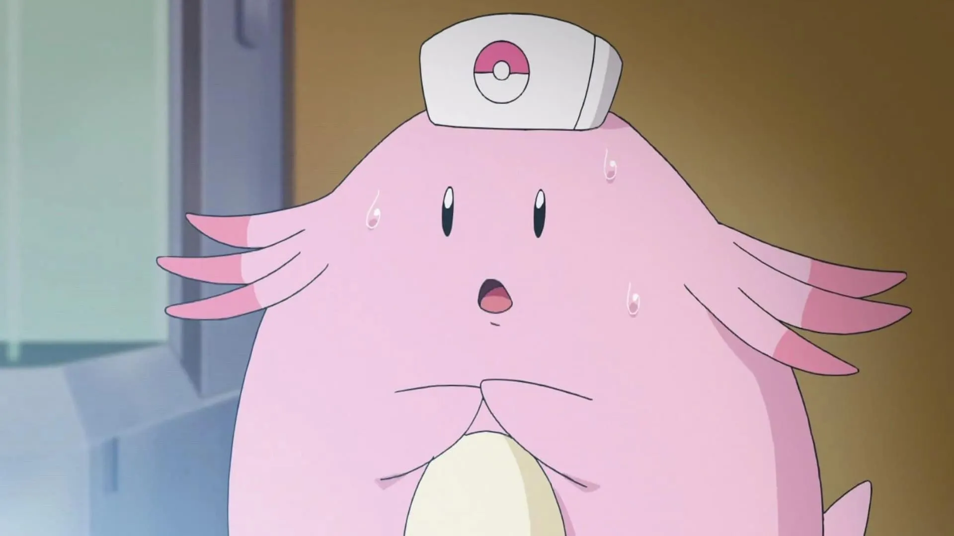 Chansey y tá hỗ trợ chữa bệnh trong anime Pokémon