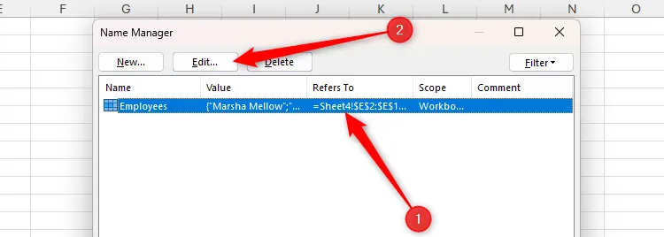 Chỉnh sửa tên vùng hoặc phạm vi tham chiếu thông qua hộp thoại Name Manager trong Excel