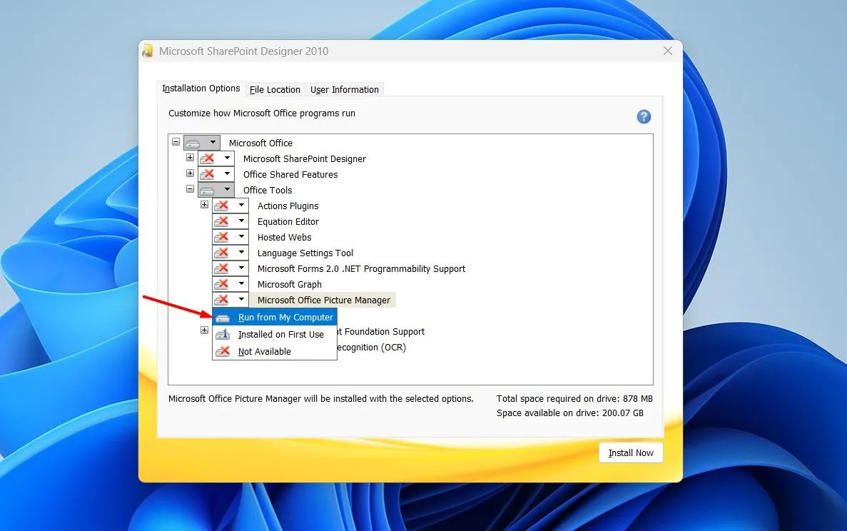 Chọn 'Chạy từ máy tính của tôi' để cài đặt Microsoft Office Picture Manager