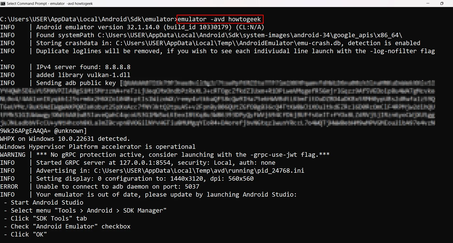 Cửa sổ Command Prompt hiển thị quá trình khởi động một thiết bị ảo Android Studio cụ thể bằng lệnh &quot;emulator -avd&quot;.