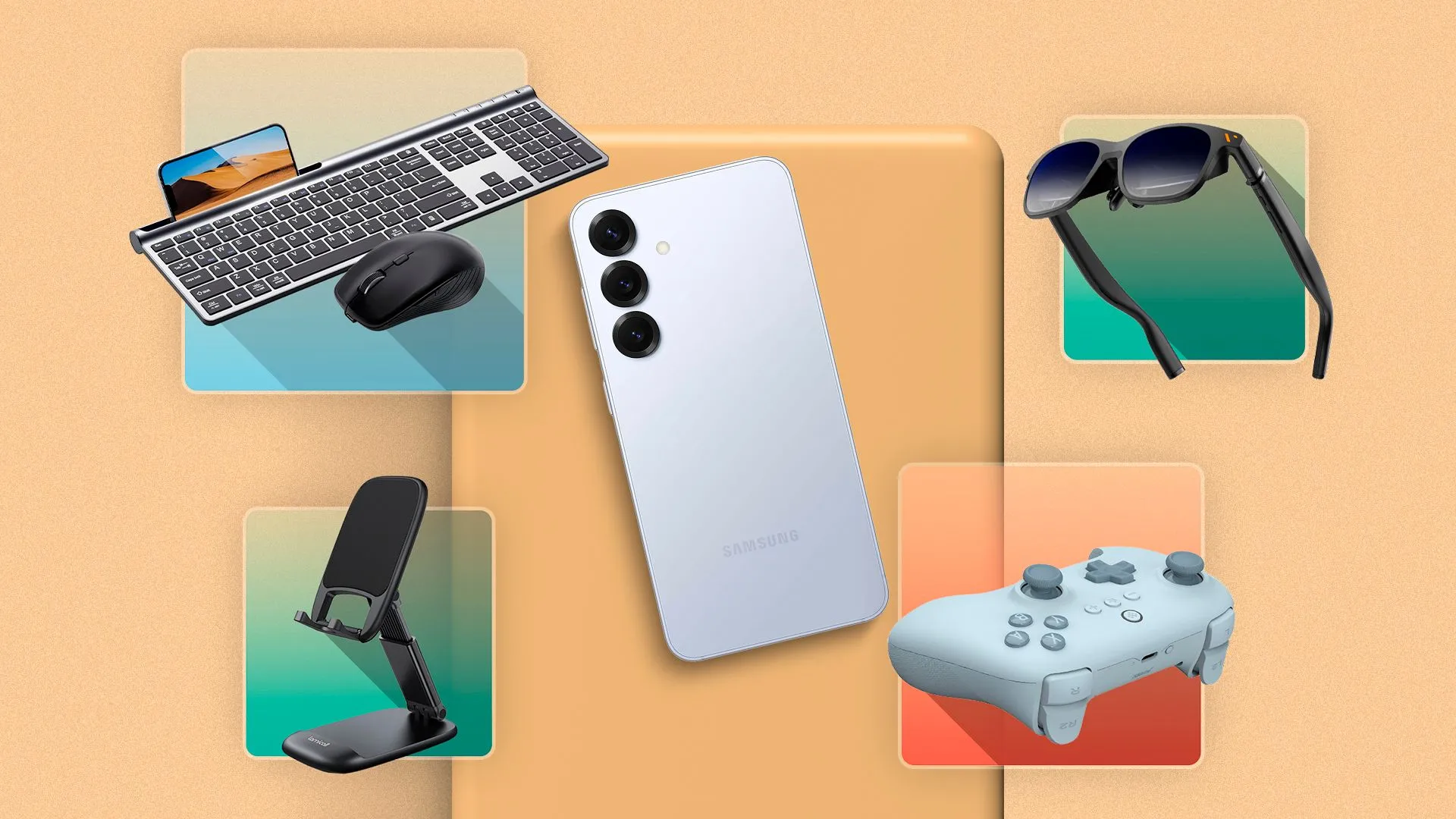 Điện thoại đặt trên mặt phẳng cùng các phụ kiện xung quanh, mở rộng khả năng làm việc di động