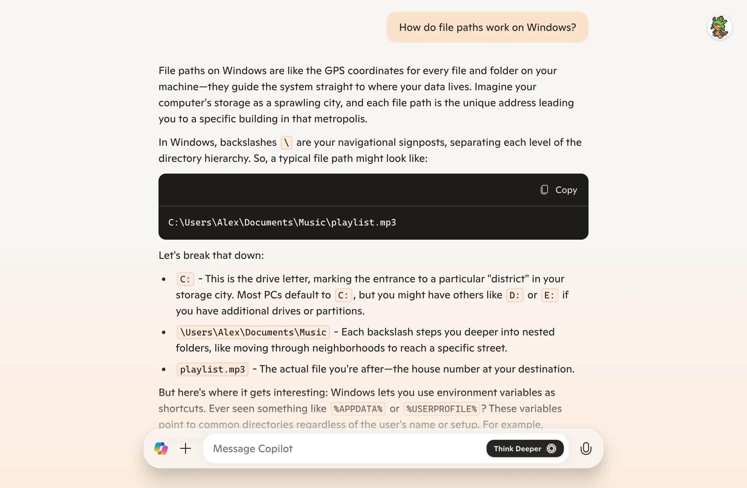 Giao diện người dùng Microsoft Copilot với nút &quot;Think Deeper&quot; và biểu tượng micro cho Voice Mode