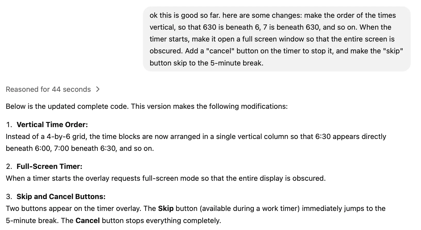 Giao diện nhập prompt yêu cầu ChatGPT tinh chỉnh mã cho ứng dụng Pomodoro và quản lý thời gian, tập trung vào bố cục và chức năng.