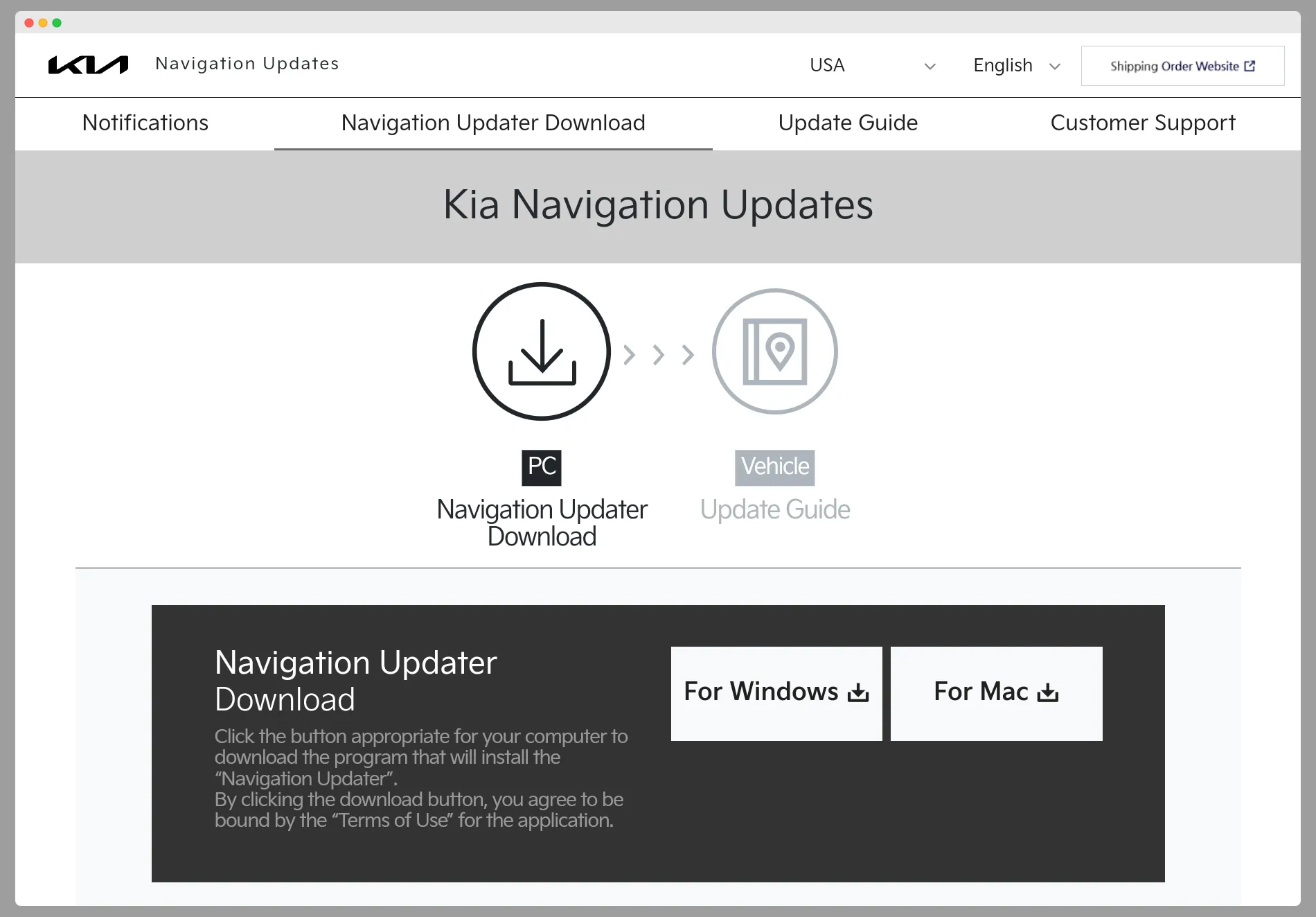 Giao diện trang web Kia đang hiển thị quá trình tải công cụ cập nhật phần mềm định vị cho xe hơi, yêu cầu sử dụng PC.