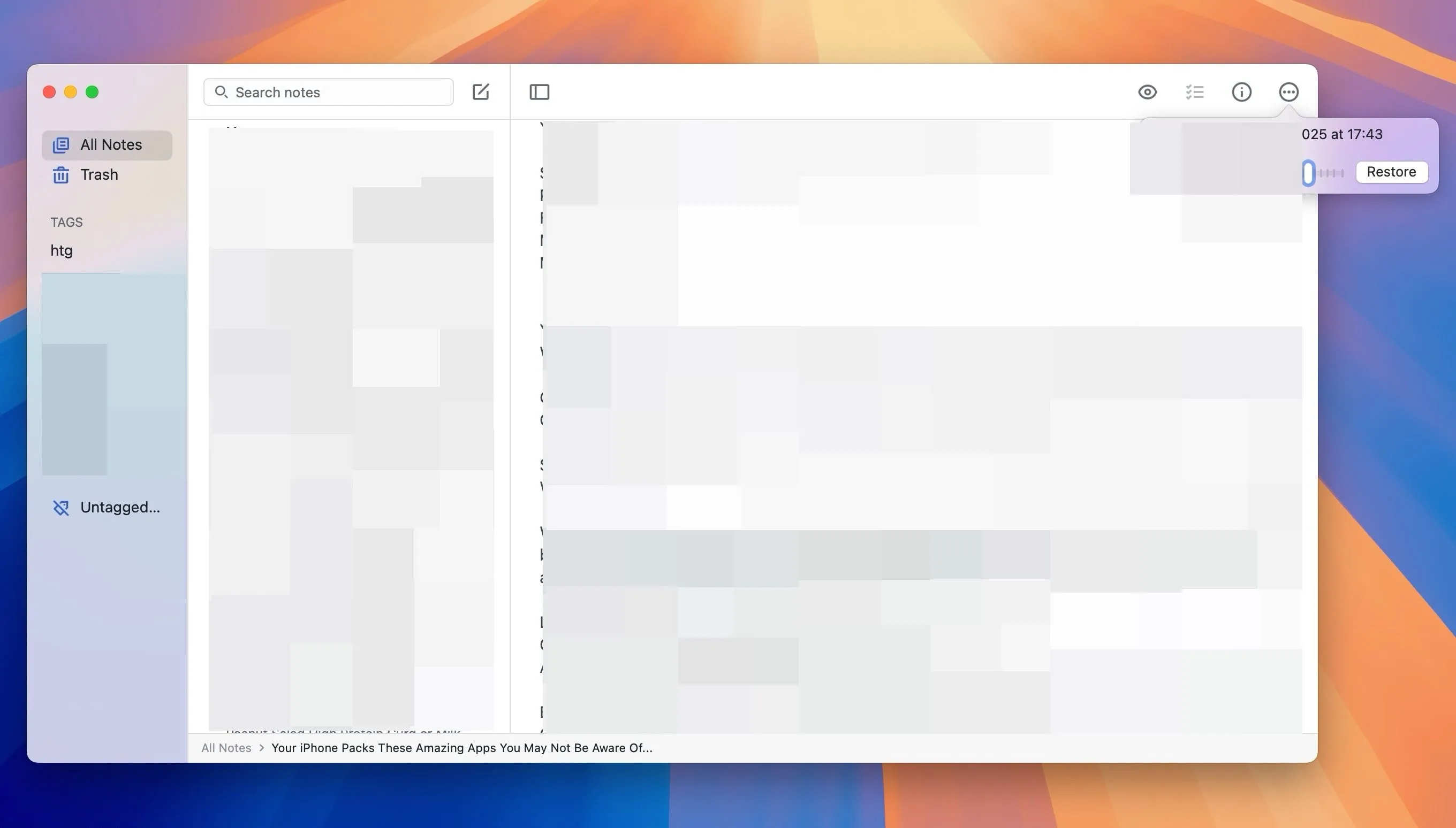 Khôi phục ghi chú về phiên bản trước đó trong ứng dụng Simplenote trên máy Mac, hiển thị lịch sử các thay đổi.