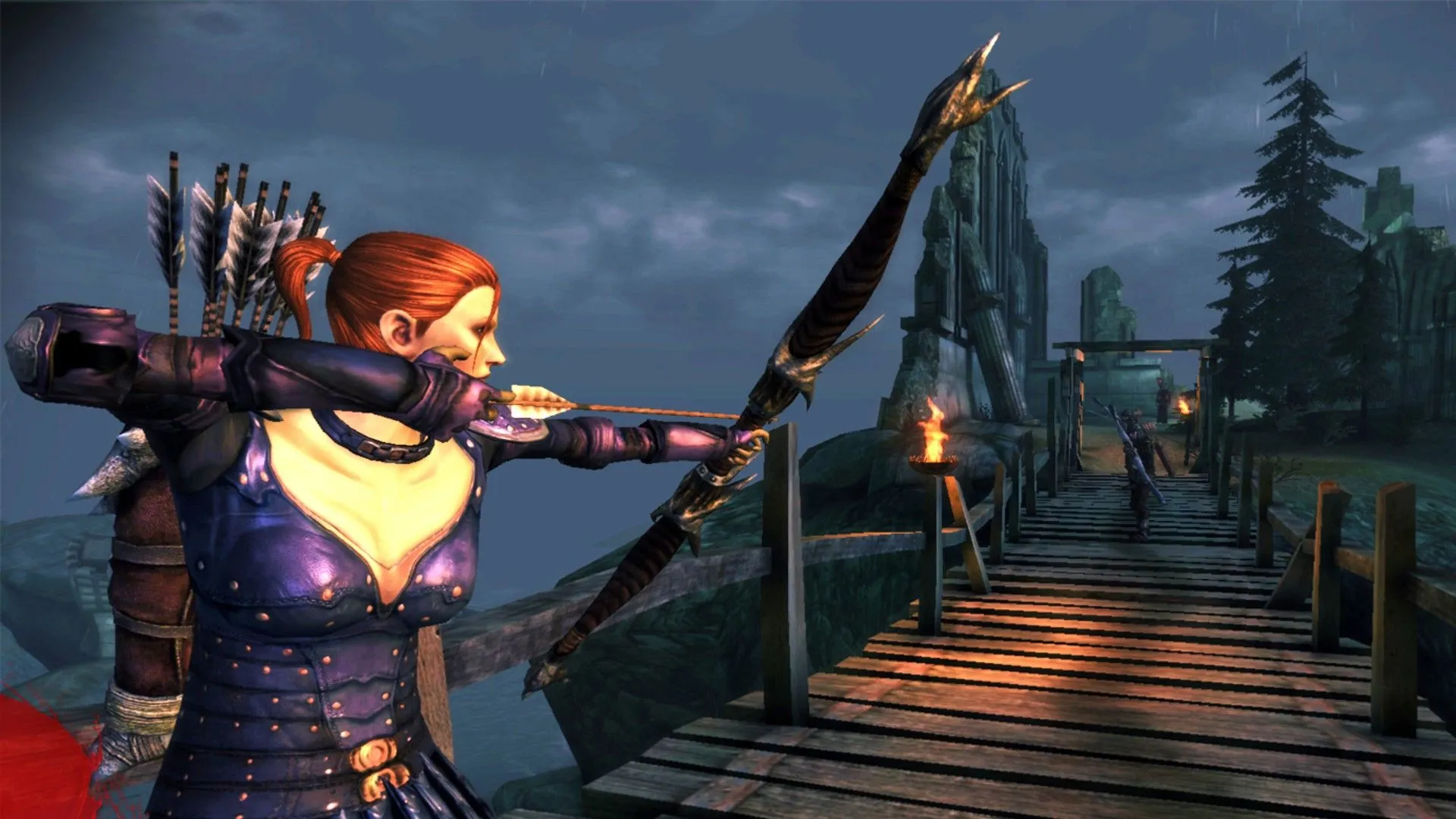 Leliana, bạn đồng hành và mối tình tiềm năng trong Dragon Age: Origins, chuẩn bị bắn cung, thể hiện vai trò trong cốt truyện.