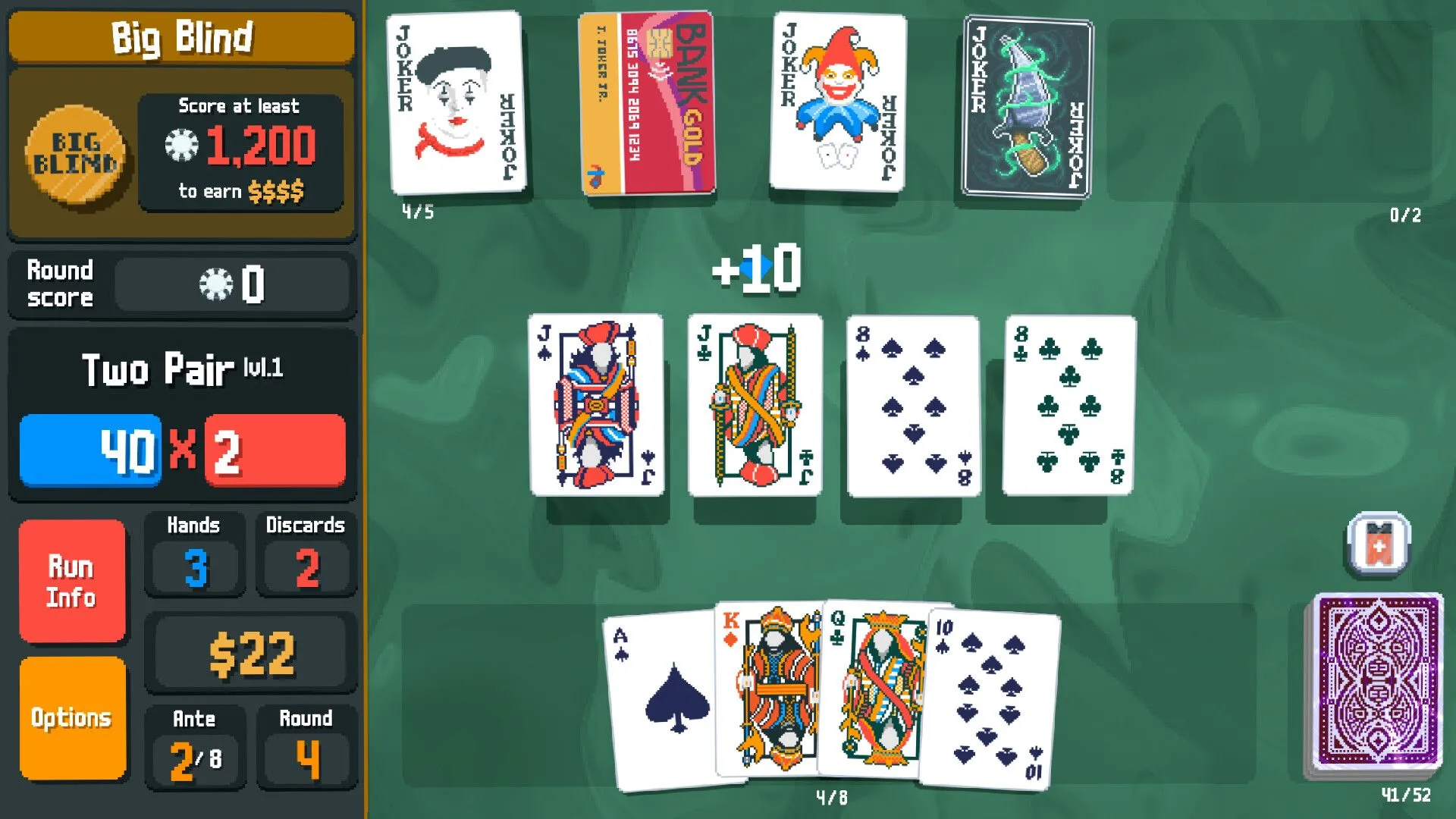 Màn hình gameplay điển hình của Balatro, game thẻ bài roguelike kết hợp poker gây sốt