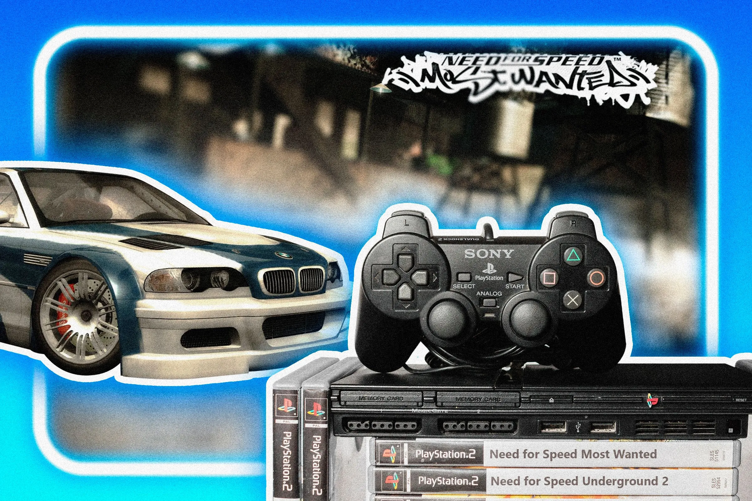 Màn hình khởi động game Need for Speed Most Wanted (2005) với đèn neon, kèm tay cầm PlayStation 2, tượng trưng cho game cổ điển.