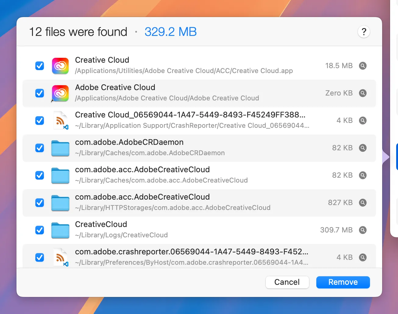 Minh họa AppCleaner hiển thị file còn sót lại của Adobe Creative Cloud launcher, cho thấy dung lượng đáng kể bị chiếm giữ.