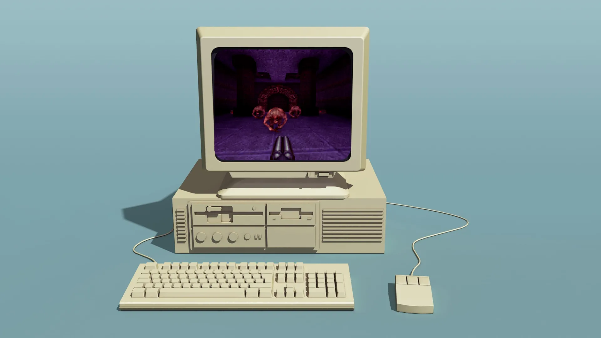 Một chiếc máy tính retro đang hiển thị trò chơi Quake trên màn hình của nó, gợi nhớ trải nghiệm chơi game PC cổ điển.