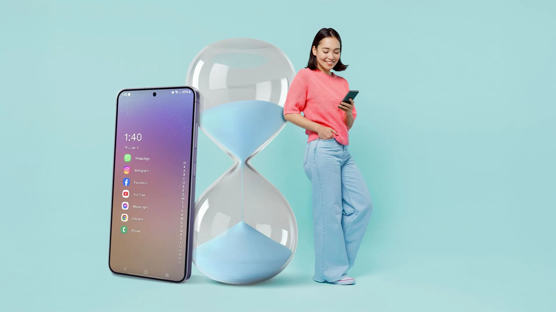 Người phụ nữ sử dụng điện thoại bên cạnh đồng hồ cát, biểu tượng cho việc quản lý thời gian sử dụng thiết bị và sức khỏe kỹ thuật số.