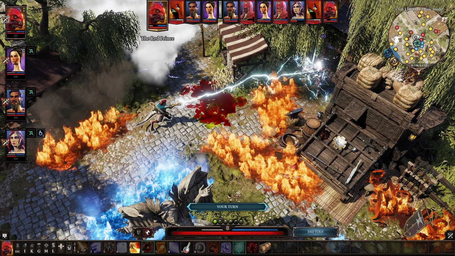 Nhân vật Hoàng tử Đỏ sử dụng phép thuật sét trong cảnh chiến đấu của game Divinity Original Sin 2, một tựa game RPG được yêu thích.