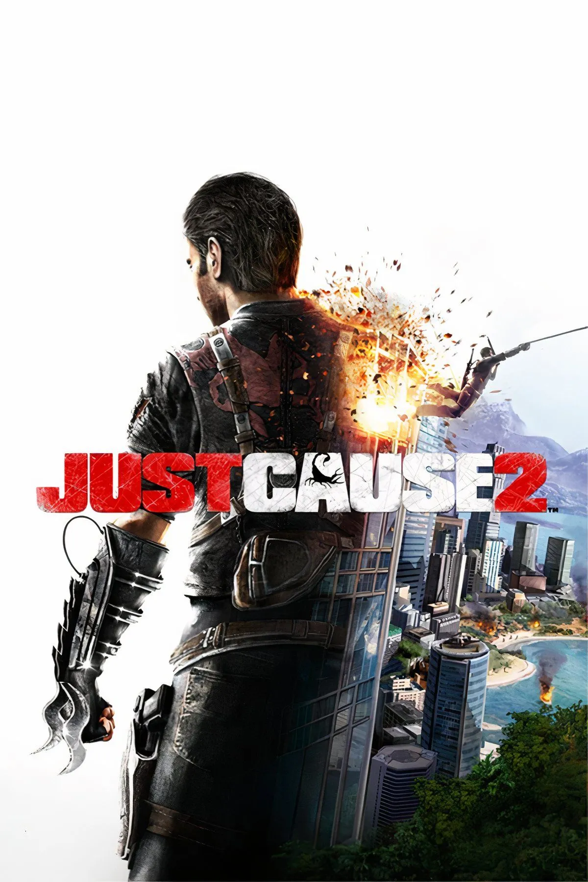 Rico Rodriguez trong Just Cause 2 đang thực hiện pha hành động với hiệu ứng vật lý ragdoll.
