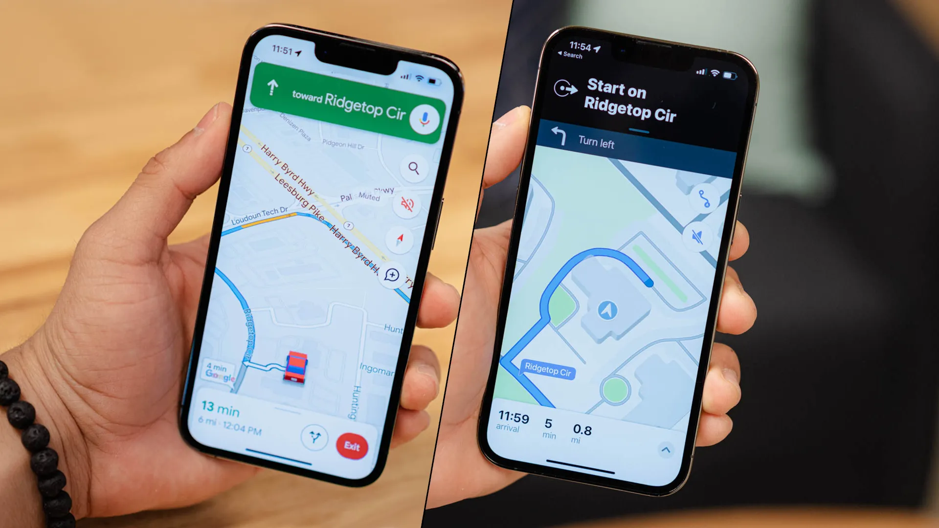 So sánh giao diện Google Maps và Apple Maps, minh họa sự cạnh tranh giữa hai ứng dụng bản đồ.