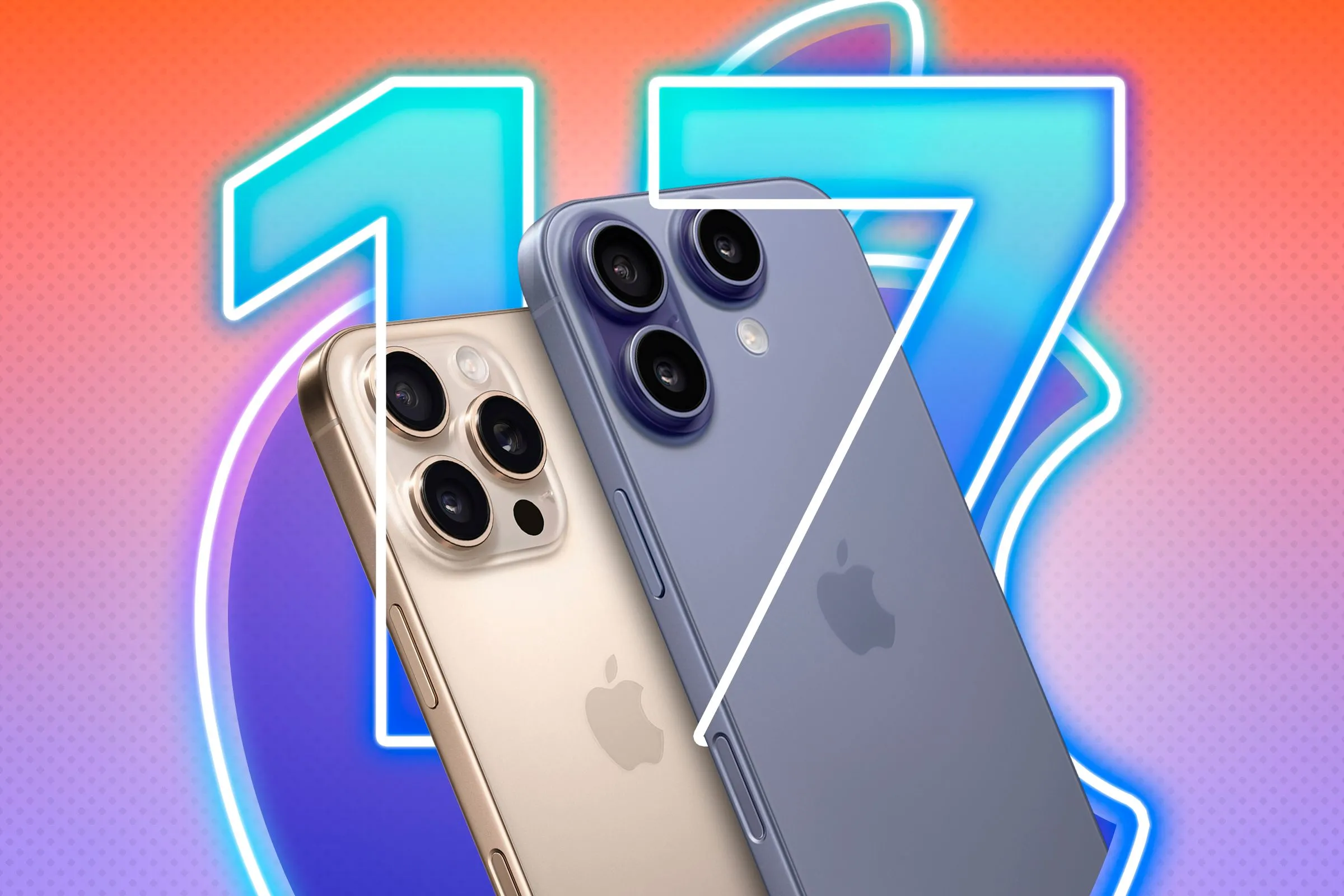 So sánh iPhone 16 Pro và một mẫu concept iPhone tương lai, có thể là iPhone 17 Air, với logo Apple và số 17 phía sau.