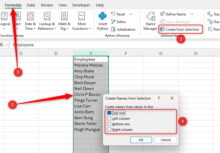 Sử dụng tính năng &quot;Create From Selection&quot; để tự động đặt tên vùng &quot;Employees&quot; dựa trên hàng tiêu đề trong Excel