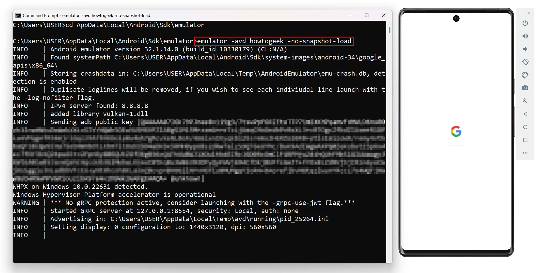 Thiết bị ảo Android Studio đang được khởi động lại hoàn toàn (cold boot) thông qua Command Prompt, đảm bảo một trạng thái làm việc mới.
