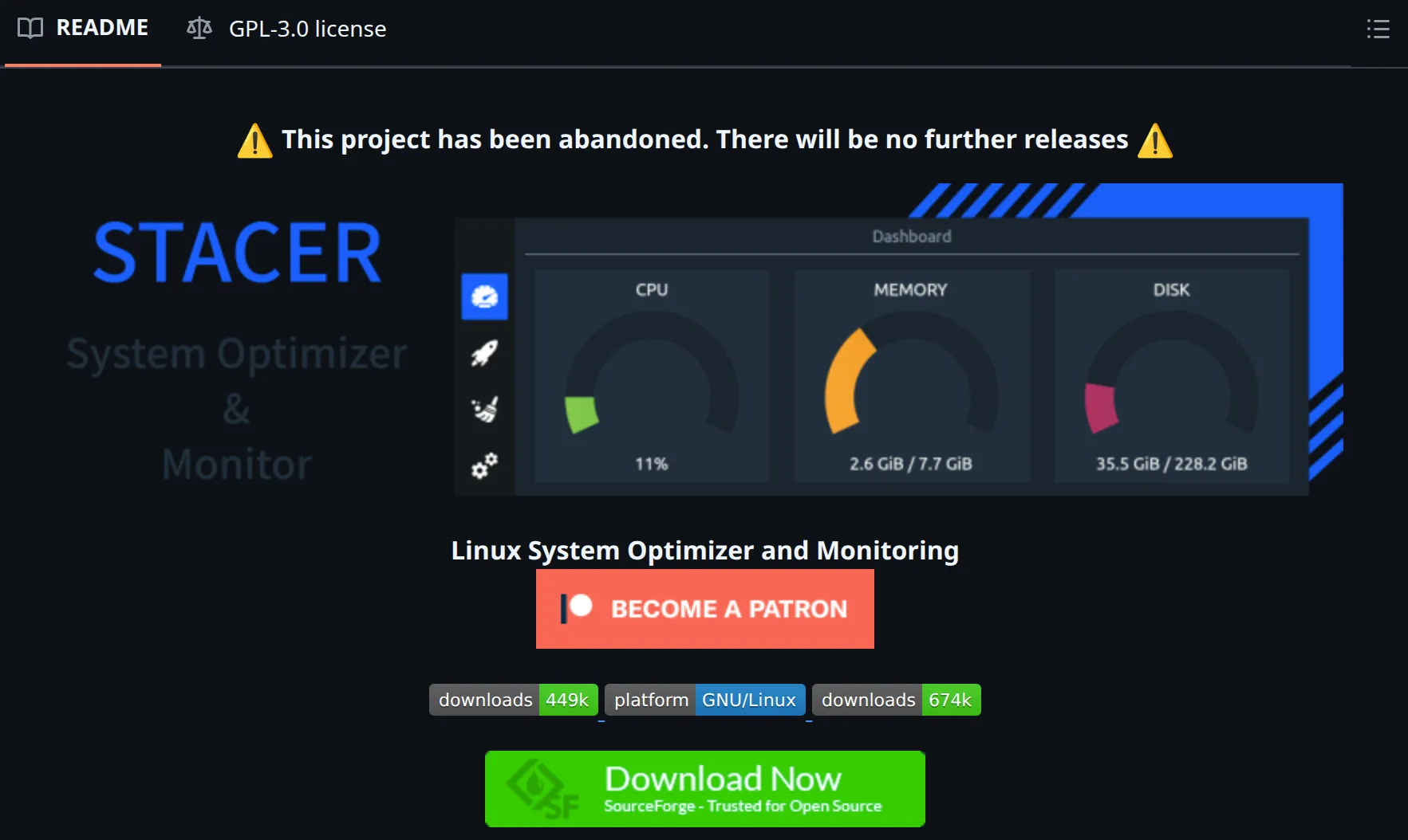 Thông báo cảnh báo ứng dụng Stacer bị bỏ rơi, nhấn mạnh tầm quan trọng của việc kiểm tra trạng thái phát triển phần mềm để đảm bảo an toàn Linux.