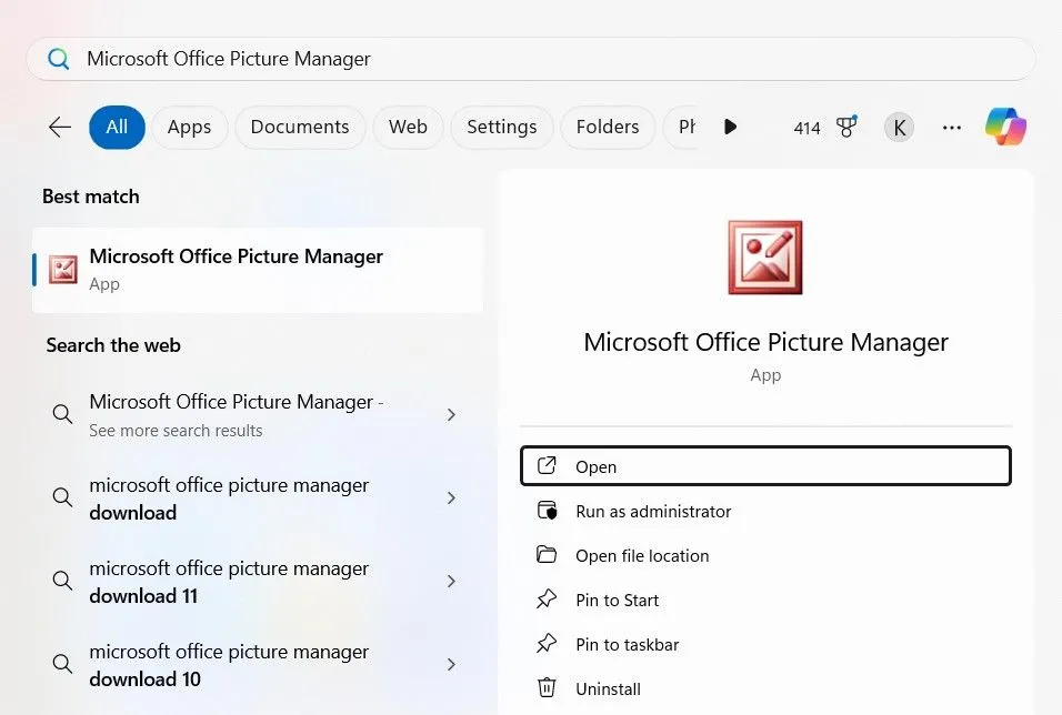 Tìm kiếm Microsoft Office Picture Manager trong Start Menu của Windows 11