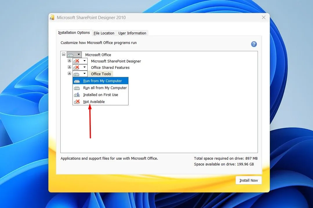 Tùy chọn 'Không khả dụng' để bỏ qua các thành phần không mong muốn trong quá trình cài đặt