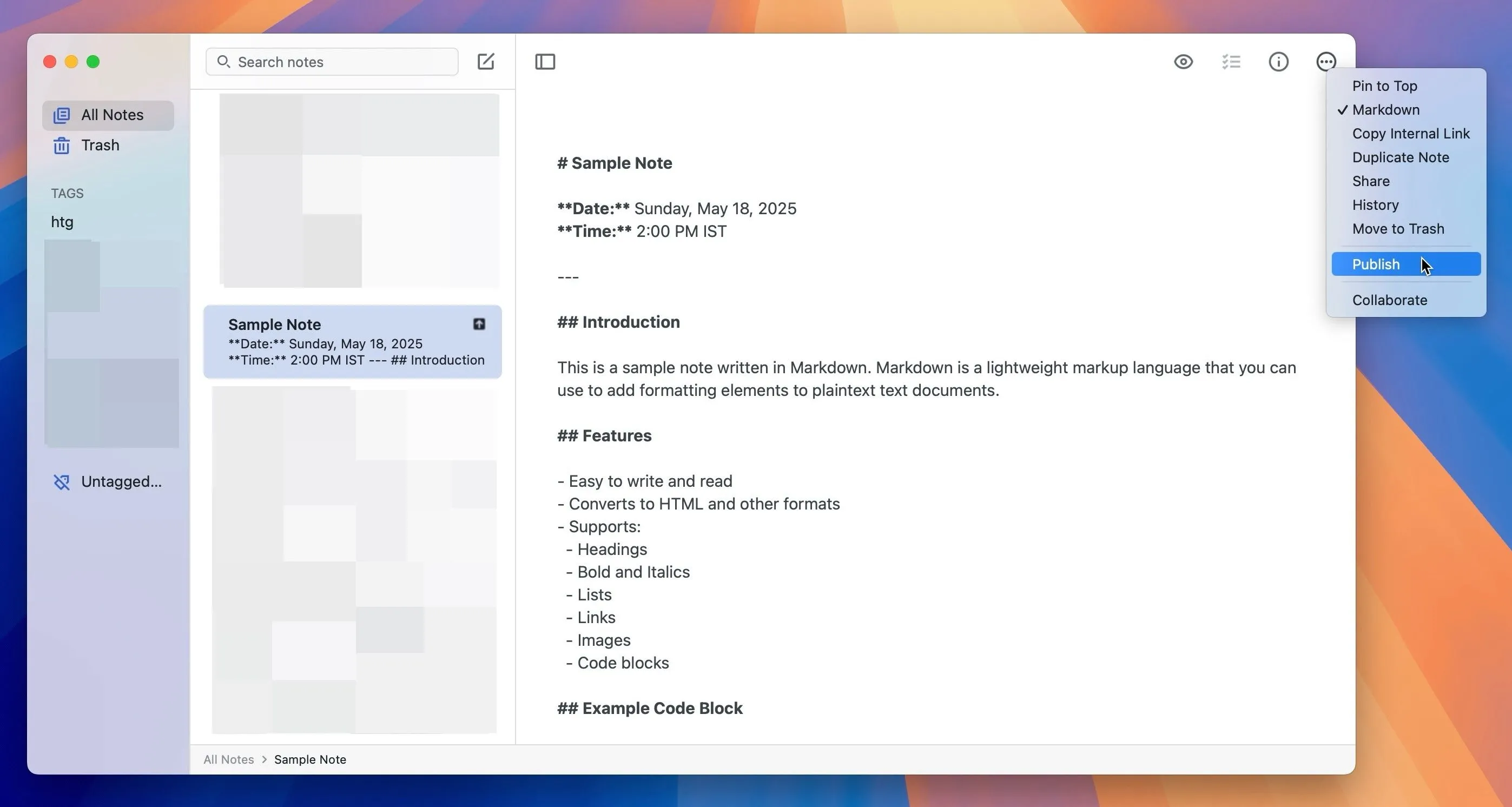 Tùy chọn &quot;Publish to Web&quot; trong Simplenote trên máy Mac, cho phép xuất bản ghi chú thành trang web công khai.