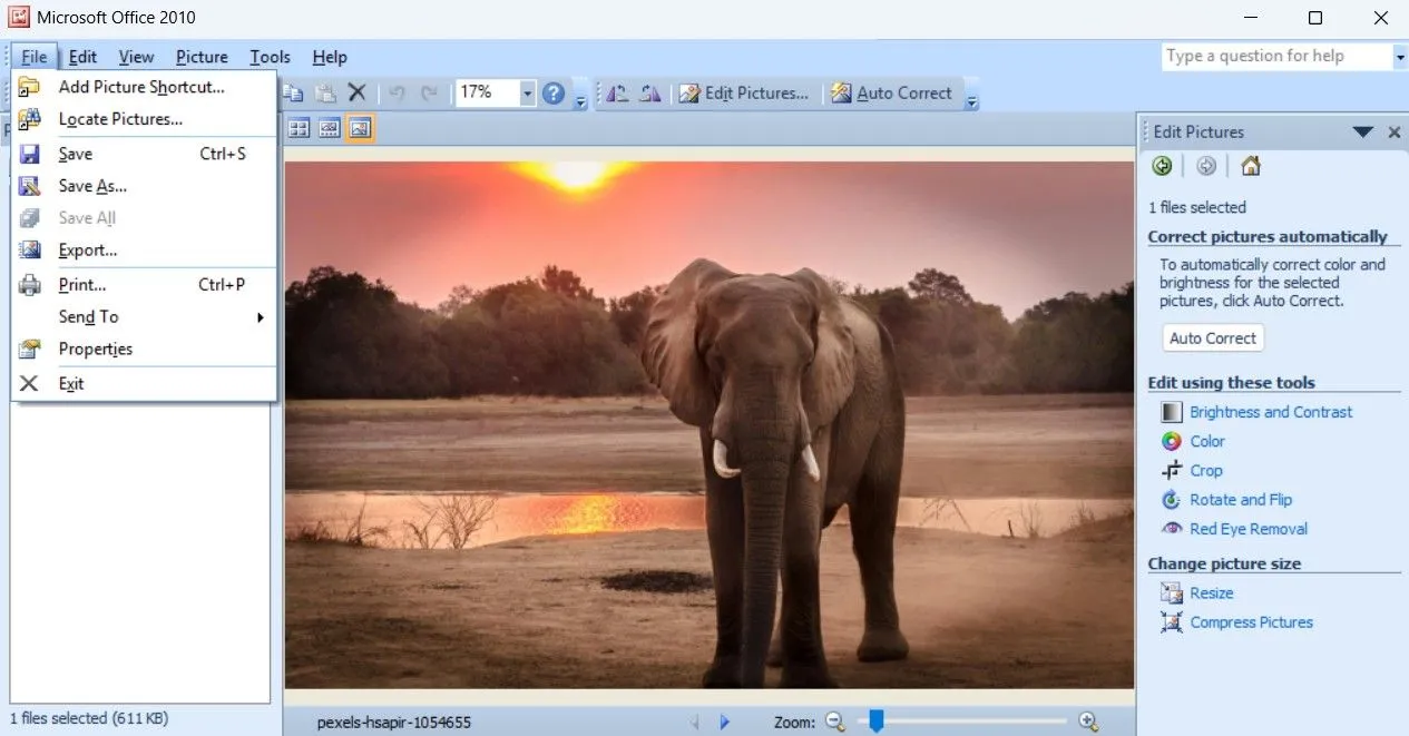 Tùy chọn 'Tệp' để lưu ảnh đã chỉnh sửa trong Microsoft Office Picture Manager