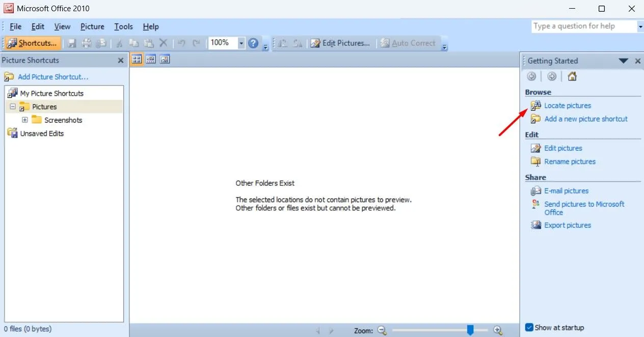 Tùy chọn 'Tìm ảnh' trong Microsoft Office Picture Manager để cấu hình thư mục