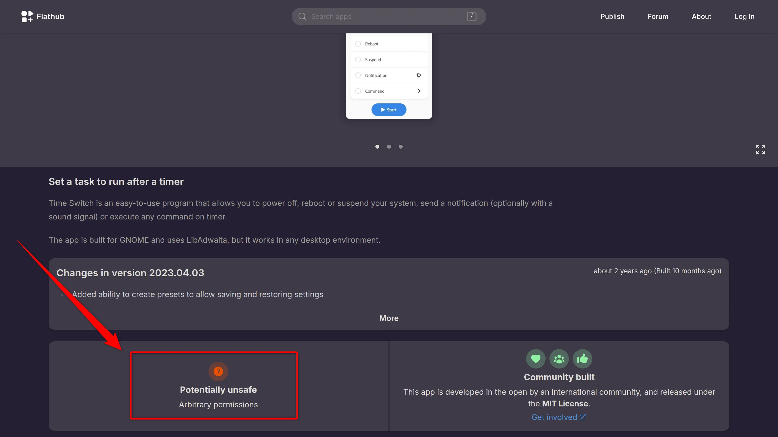 Ứng dụng Flathub bị đánh dấu có thể không an toàn do yêu cầu các quyền truy cập hệ thống tùy ý, minh họa rủi ro bảo mật Flatpak.